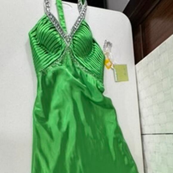 "MADELINE GARDNER" MORI LEE Prom Dress SZ 6 Kelly Green Bling Babydoll Y2K Long - Picture 4 of 16